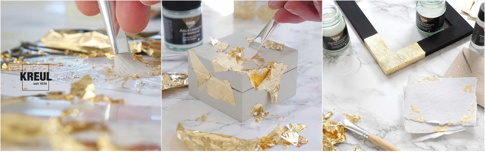 Blattmetall in gold wird auf eine Schachtel aufgetragen